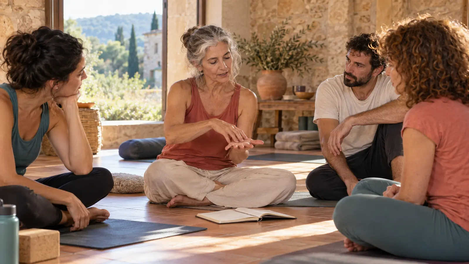 Formación de Kundalini Yoga online: formadora dialogando con un pequeño grupo adulto durante una sesión práctica