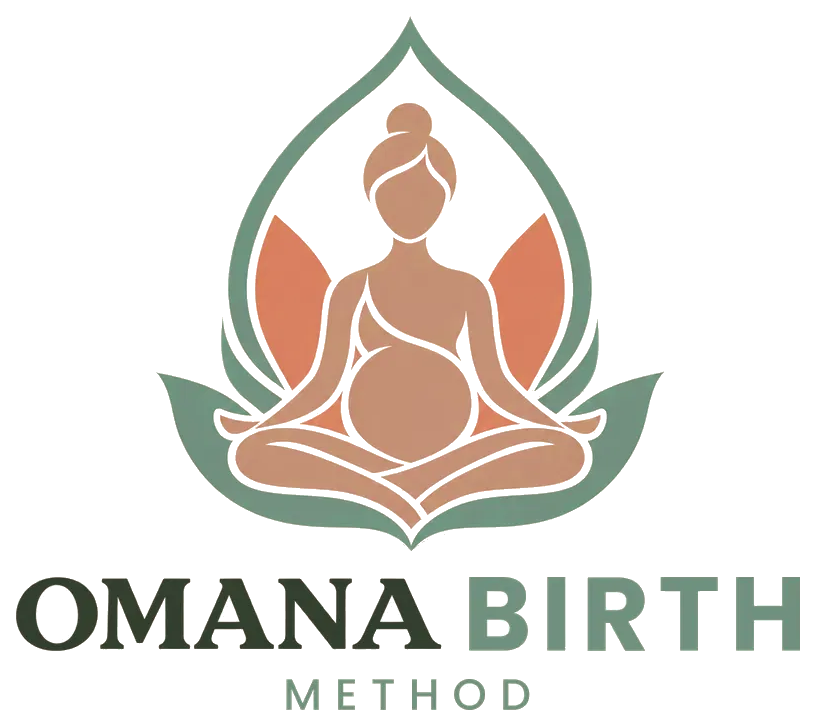 Logo de Omana Birth Method: mujer embarazada meditando sobre una flor de loto