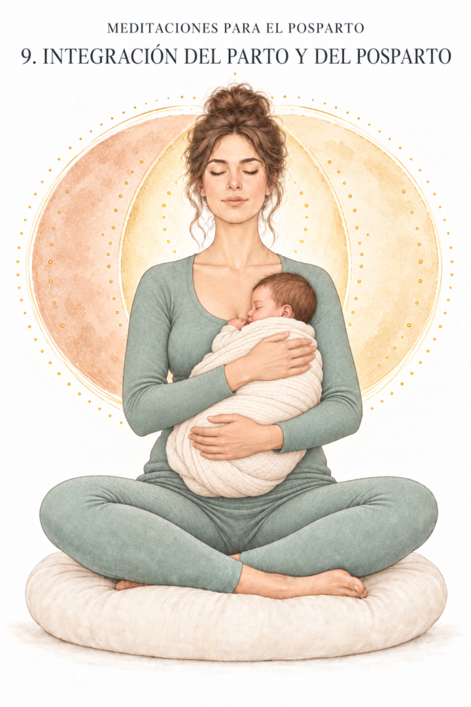 Ilustración de una madre meditando sentada con su bebé en brazos: meditación guiada de integración del parto y del posparto